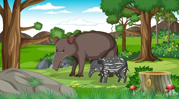 An adult aardvark and baby in forest scene with many trees