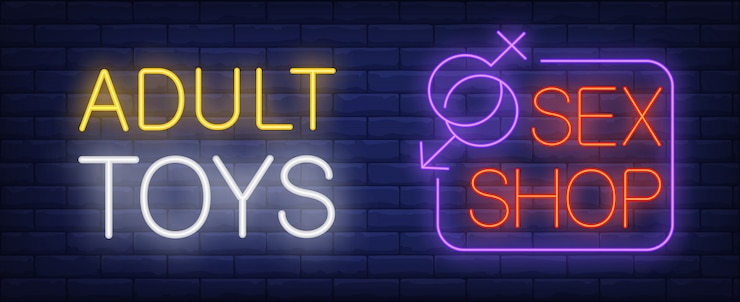 Free Vector adult toys in sex shop neon sign. gender symbols joining in corner of signboard.