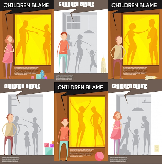 Adults abuse children posters set with unhappy teenage child characters watching quarreling parents