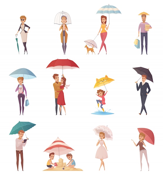 Adults people and children standing under umbrella of different shape and size decorative icons set