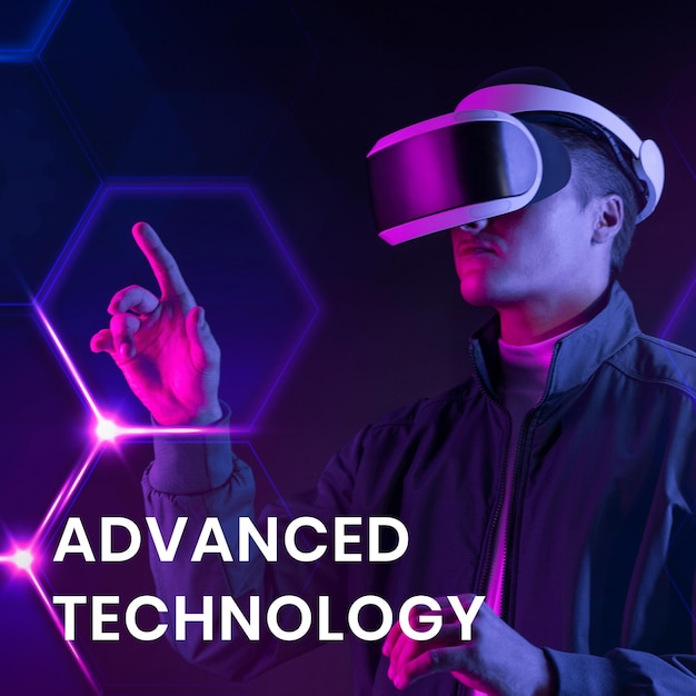 Modello di banner di tecnologia avanzata con uomo che indossa sfondo vr