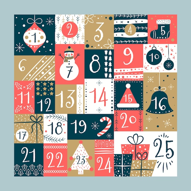 Illustrazione disegnata a mano del calendario dell'avvento