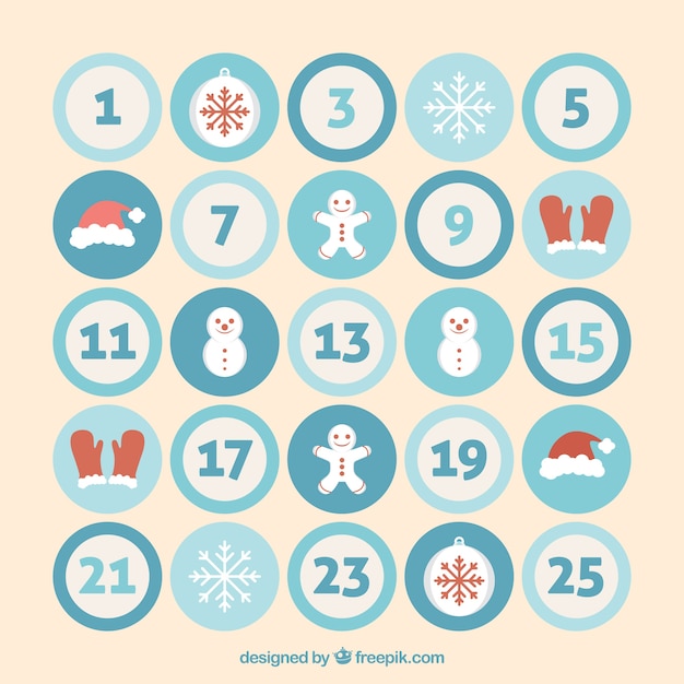 Free vector advent calendar with christmas elements in circles