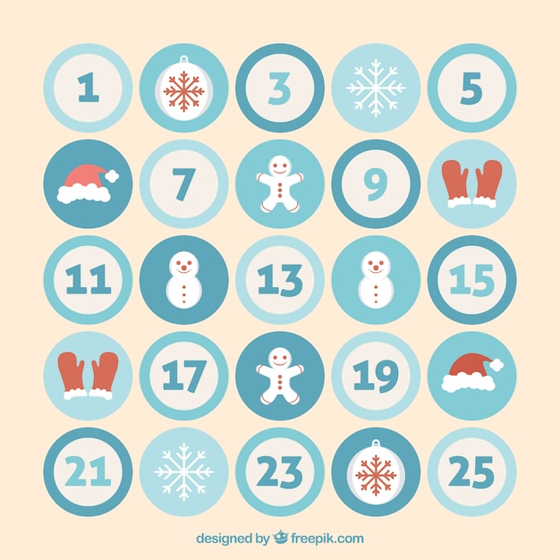 календарь Адвента с рождественских элементов в кругах