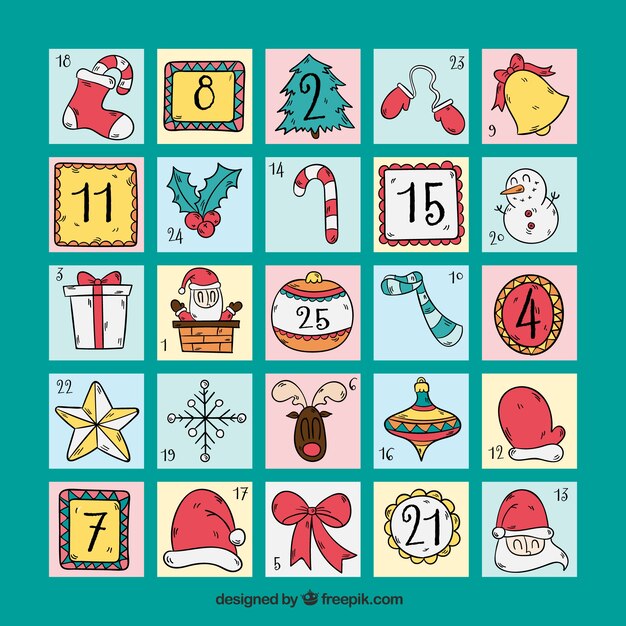 典型的なクリスマスの要素描かれた手でアドベントカレンダー