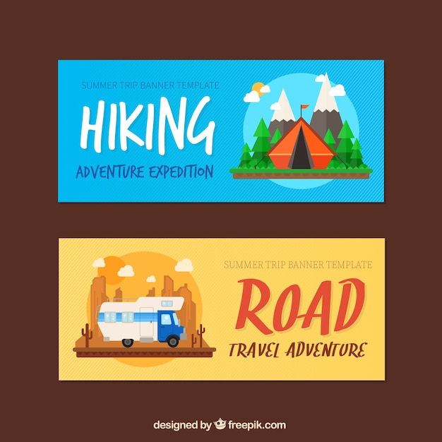 Free vector adventure banners set of hiking and road trip