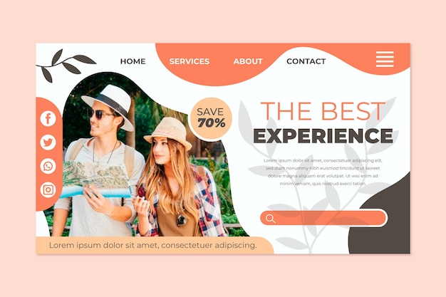 Free vector adventure landing page template with photo