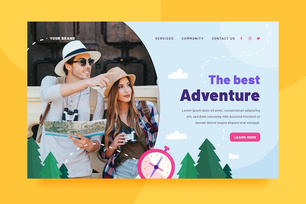 Free vector adventure landing page template with photo