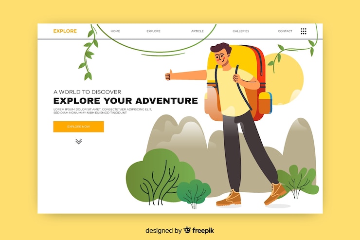 Free Vector adventure landing page with excited man