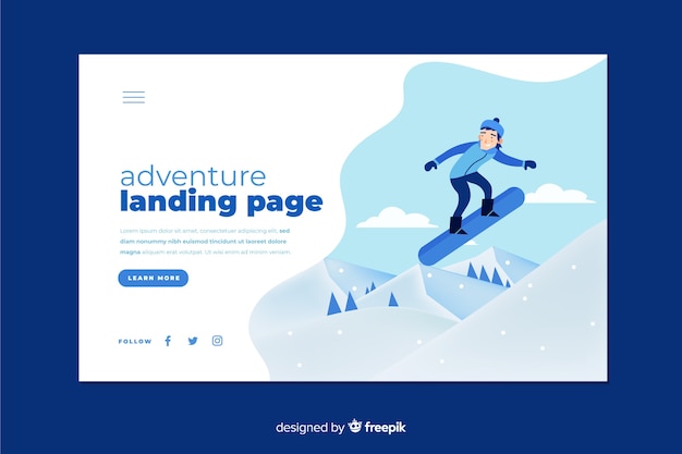 Adventure landing page with snowboarding