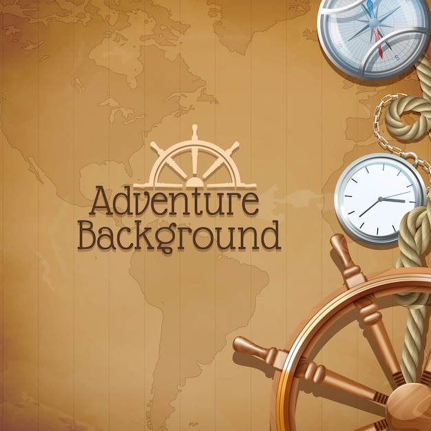 Adventure poster with retro sea navigation symbols and world map on background