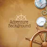 Free vector adventure poster with retro sea navigation symbols and world map on background