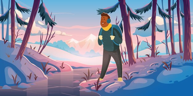 冒険、旅行の旅の漫画のランディングページ、山の景色を望む冬の森の旅行者。凍った小川を見て、ベクトルのWebバナーをハイキングして、木の岩だらけの雪の風景でバックパックを持って観光客
