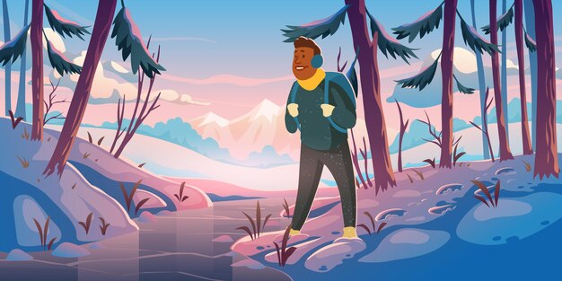 Adventure, travel journey cartoon landing page, traveler at winter forest with mountains view. Tourist with backpack at wood rocky snowy landscape looking at frozen creek, hiking Vector web banner