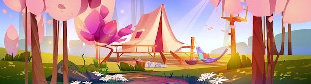 Free vector adventure with camp tent in spring forest vector