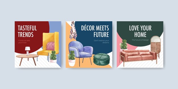 Advertise template set with luxury furniture in watercolor style