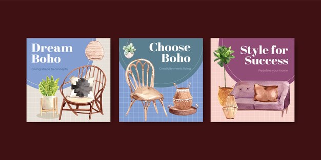 Advertise template with boho furniture concept design for marketing watercolor illustration
