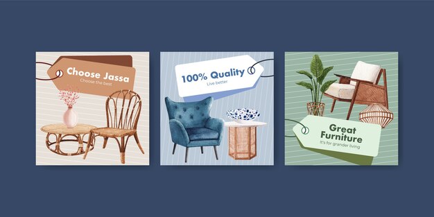 水彩のベクトル図を宣伝およびマーケティングするためのJassa家具のコンセプトデザインでテンプレートを宣伝する