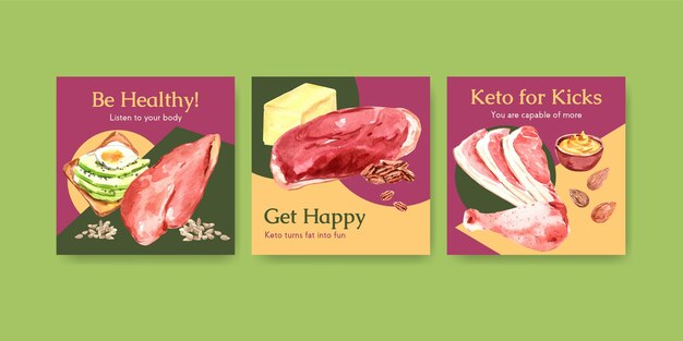 Free vector advertise template with ketogenic diet concept for marketing and ads watercolor illustration.