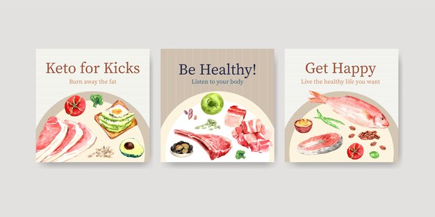 Free vector advertise template with ketogenic diet concept for marketing and ads watercolor illustration.