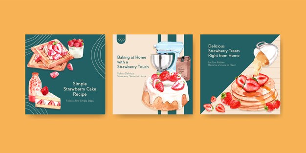 パンフレット、食品注文、リーフレット、小冊子の水彩イラストのイチゴのベーキングデザインのテンプレートを宣伝します。