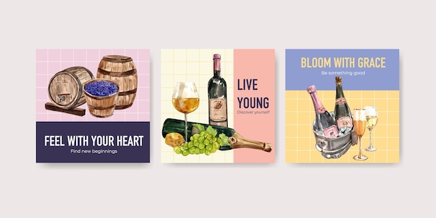 Vettore gratuito pubblicizza il modello con il concept design dell'azienda vinicola per l'illustrazione dell'acquerello di marketing.