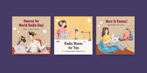 Advertise template with world radio day concept design for marketing and business watercolor illustration
