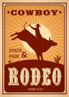Рекламный плакат в стиле ретро с ковбоем верхом на дикой лошади