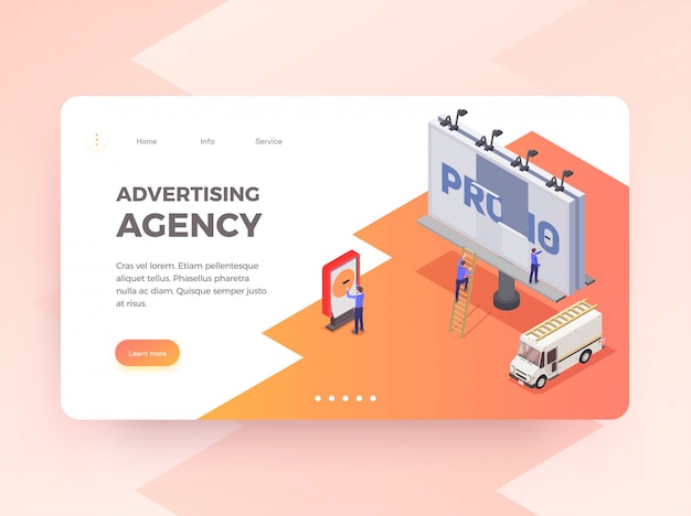 Advertising agency isometric horizontal banner with people changing billboard 3d