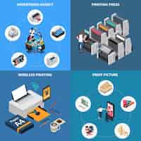 Free vector advertising agency printing house concept 4 isometric compositions with digital technology creating pictures press device