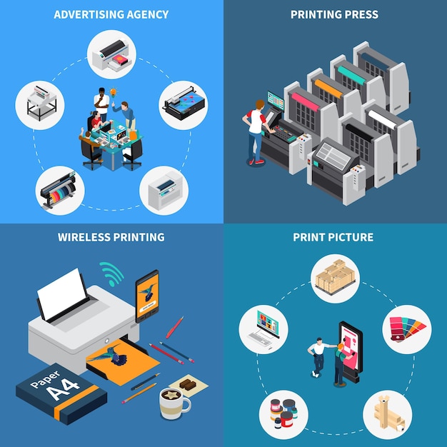 Advertising agency printing house concept 4 isometric compositions with digital technology creating pictures press device