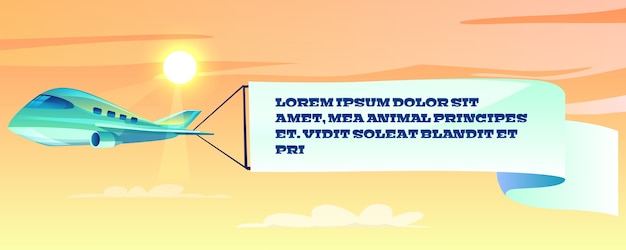 Рекламный баннер на иллюстрации самолета. мультяшный шаблон летающего волнистого флага