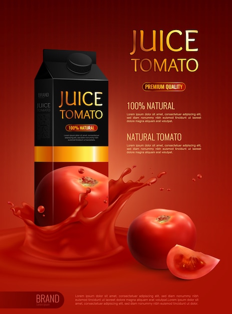 Free vector advertising composition with packet of natural tomato juice realistic