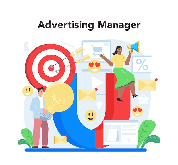 Advertising manager concept idea of making announcements through mass media to advertise business strategy development and customer feedback flat vector illustration