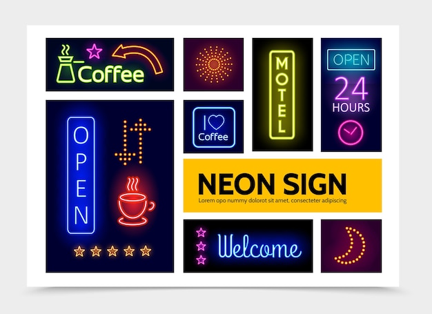 Vettore gratuito modello di infografica di insegne al neon pubblicitarie con iscrizioni di cornici colorate luminose scintilla frecce incandescenti