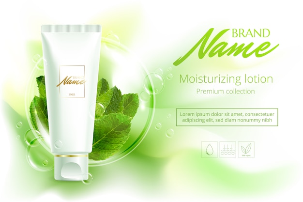 Advertising poster cosmetics shampoo, lotion, shower gel with extract or mint flavor.