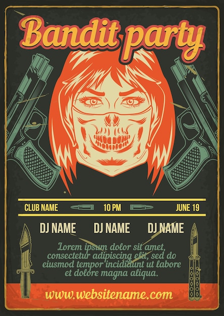 Advertising poster design with illustration of a bandit girl with pistols