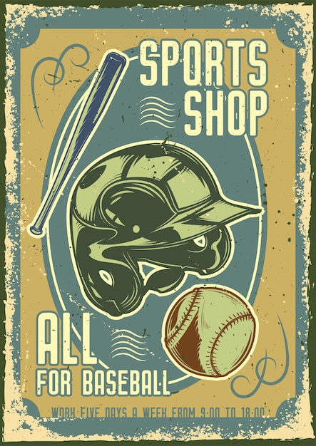 Дизайн рекламного плаката с изображением бейсбольного шлема, мяча и биты