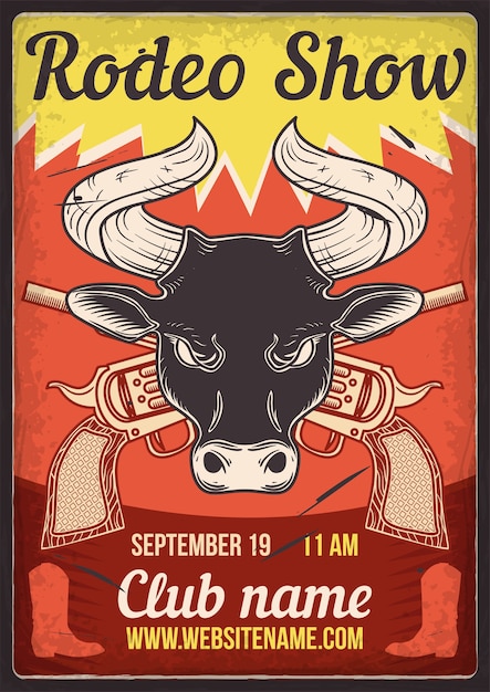 Advertising poster design with illustration of a bull and revolvers