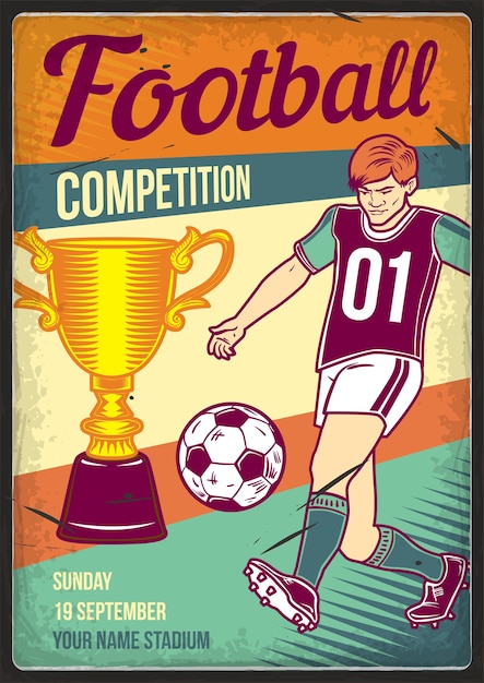 Design di poster pubblicitario con illustrazione di un giocatore di football con una palla e una coppa d'oro