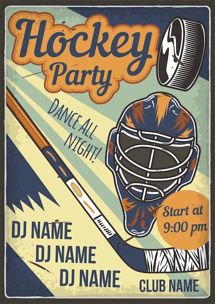 하키 헬멧과 클럽의 일러스트와 함께 광고 포스터 디자인