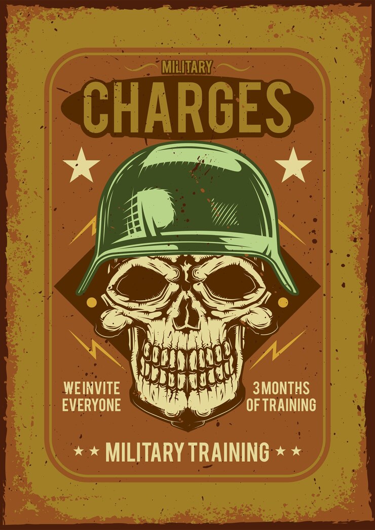 Free Vector advertising poster design with illustration of a soldier on dusty background.