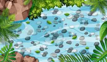 Free vector aerial forest scene with stones in the pond