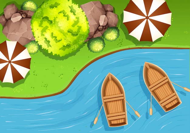 Free vector aerial scene in nature with boats in a lake