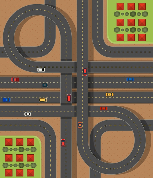 Бесплатное векторное изображение Воздушная сцена с дорогами и автомобилями