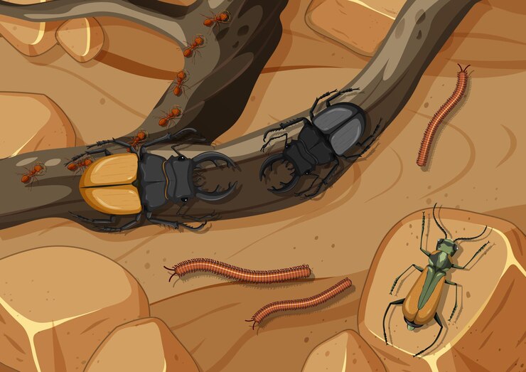 Free Vector aerial scene with stag beetles and millipede