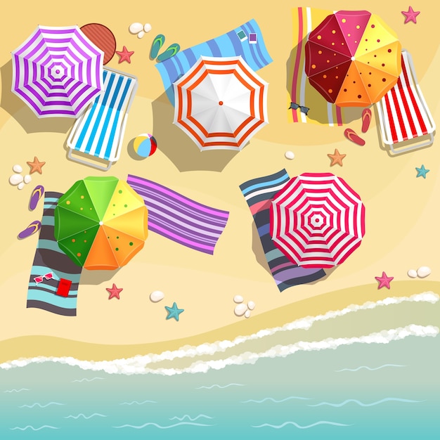 Бесплатное векторное изображение Вид с воздуха на летний пляж в плоском стиле дизайна. тапочки и полотенце, морские звезды и лето, отдых, летний туризм