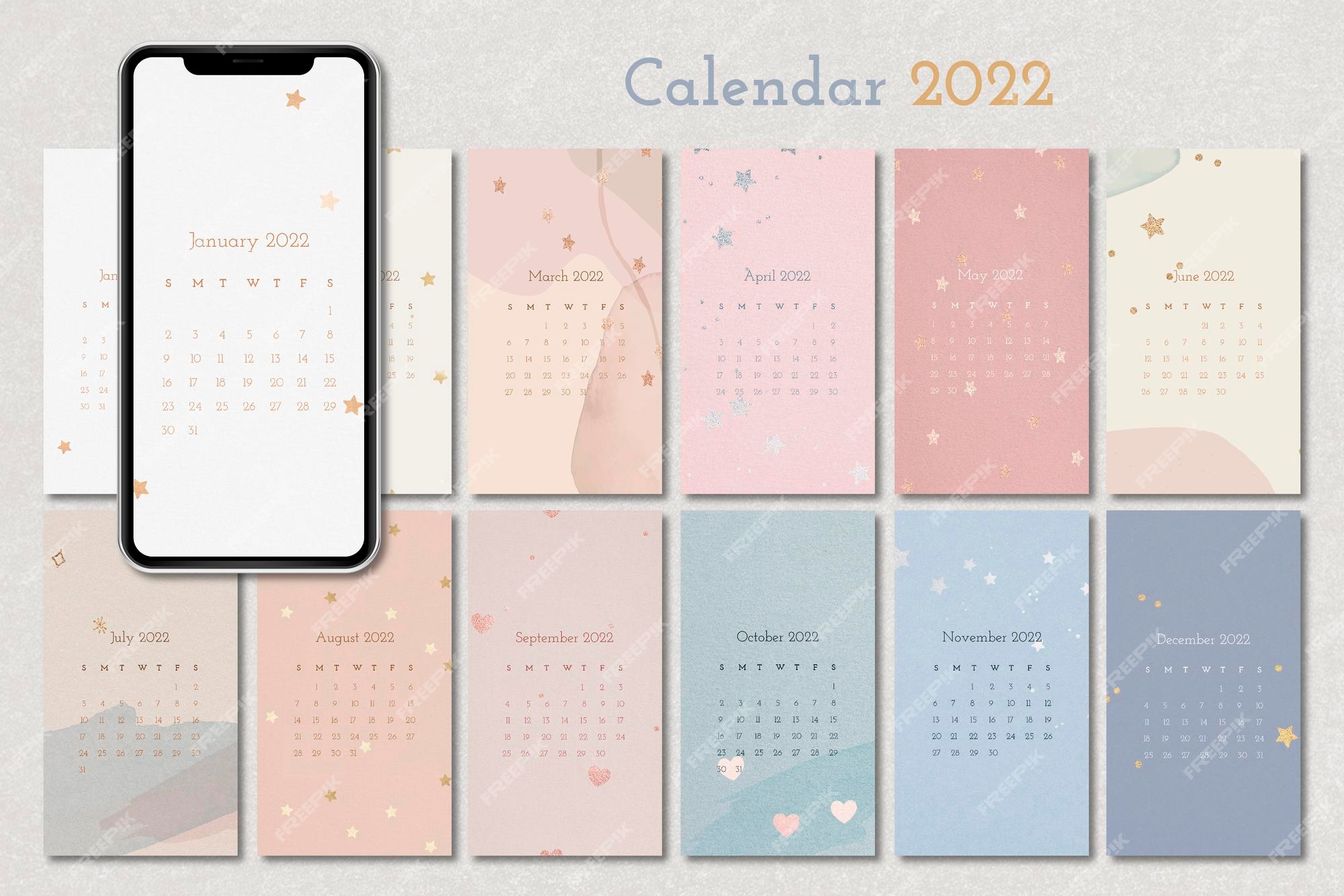 Free Vector | Aesthetic 2022 Monthly Calendar Template, Iphone Wallpaper  Vector Set