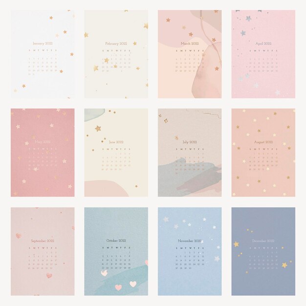 Aesthetic 2022 monthly calendar template, vector set