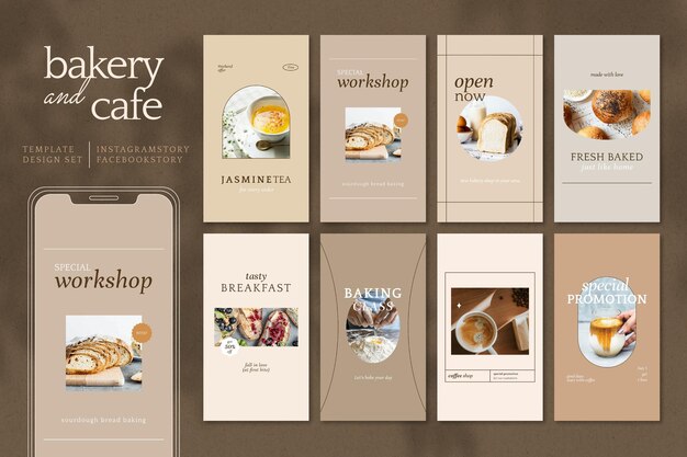 Free vector aesthetic cafe marketing template vector social media story set